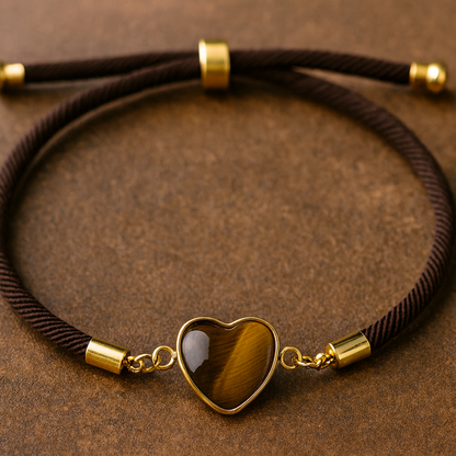 Bohemian Adjustable Love Heart Tigers Eye Crystal Bracelet. Single Bracelet or Paired with 4mm Stretch Tigers Eye Crystal Beaded Bracelet