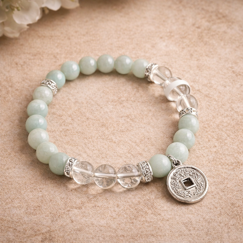 Amazonite & Clear Quartz Bracelet with Lucky Coin Charm – Spiritual Healing, Abundance & Manifestation Crystal Jewellery