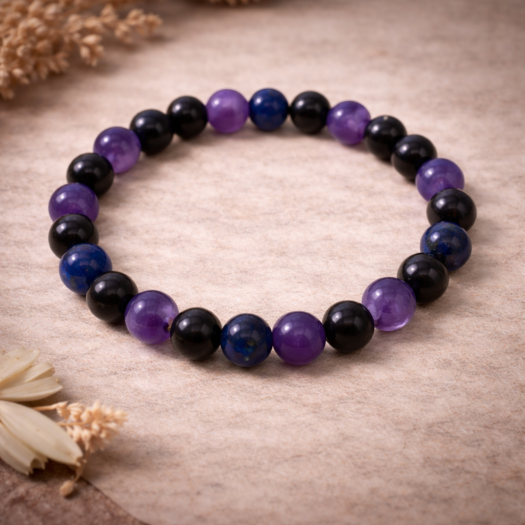 Amethyst, Lapis Lazuli & Black Tourmaline Bracelet – Spiritual Healing, Protection & Inner Peace