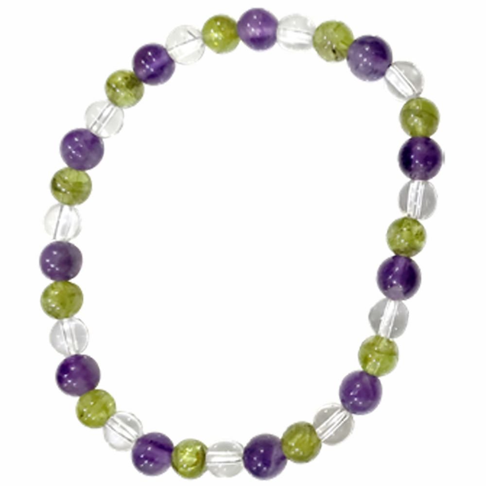 Amethyst, Peridot & Clear quartz Crystal Bracelet 6mm