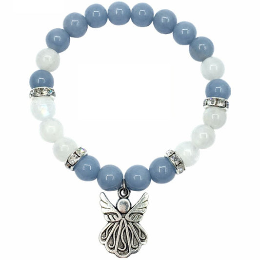 Angelite with Rainbow Moonston 8mm Bracelet with Angel