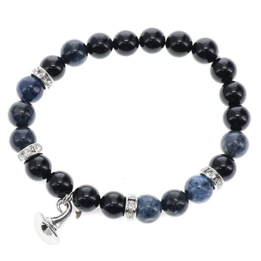 Black Tourmaline & Dumortierite Bracelet w Witch Hat Charm 8mm