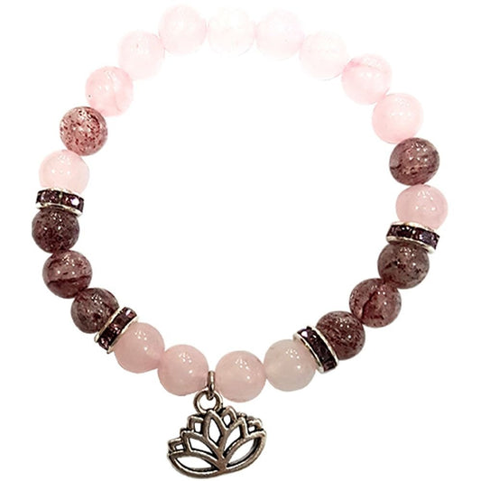 Rose Quartz with Strawberry Quartz Bracelet with Lotus Charm 8mm