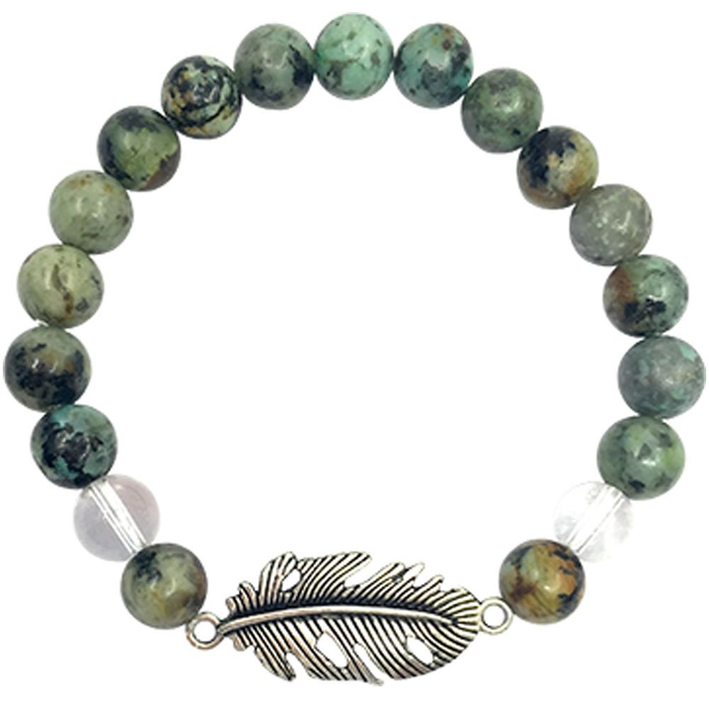 African Turquoise and Clear Quartz Bracelet with Feather 8mm