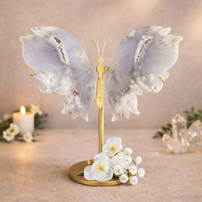 Black Flower Agate Crystal Wings on Butterfly Stand – Spiritual Healing & Sacred Transformation