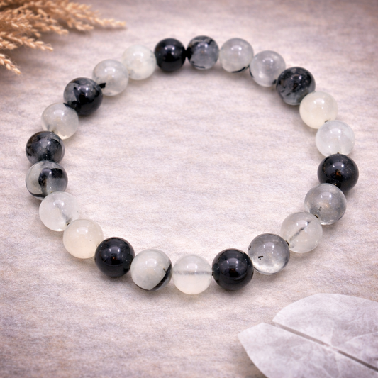 Black Tourmaline in Quartz (Tourmalinated Quartz) Bracelet 8mm – Protection, Grounding & Clarity