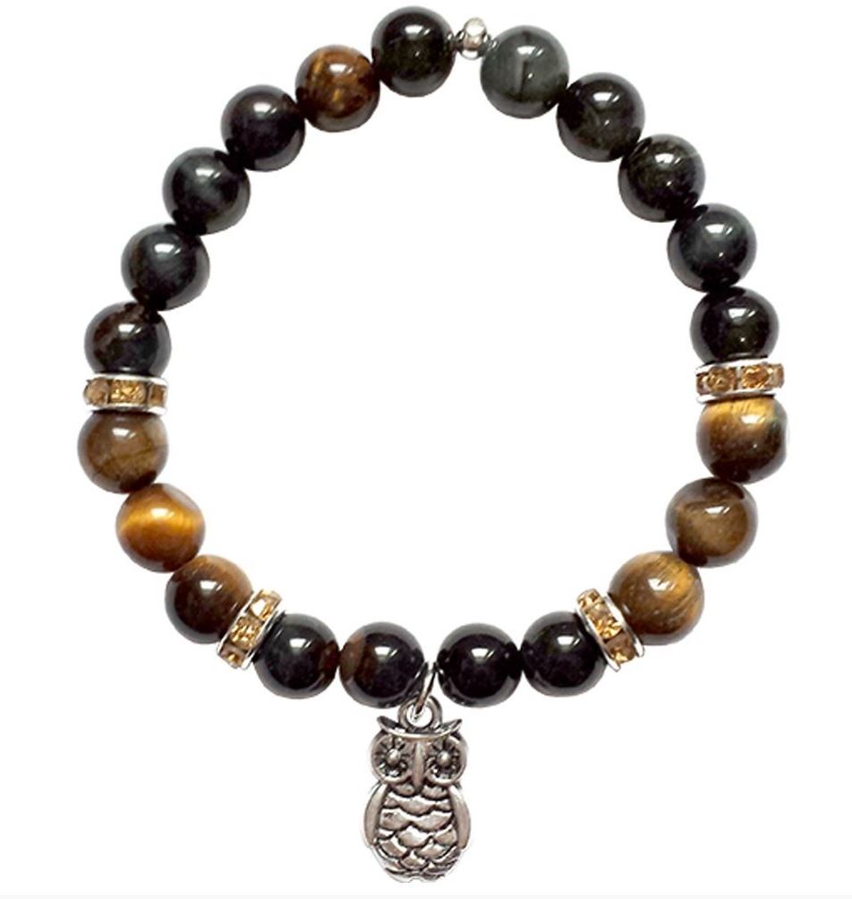 Blue & Brown Tiger’s Eye Bracelet with Owl Charm - Strength, Protection & Spiritual Wisdom