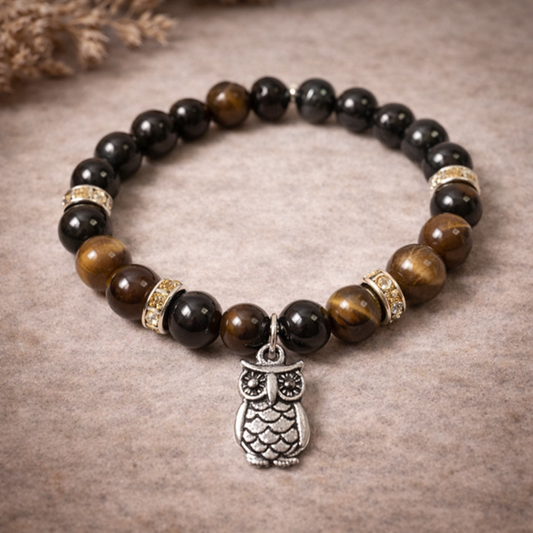 Blue & Brown Tiger’s Eye Bracelet with Owl Charm - Strength, Protection & Spiritual Wisdom