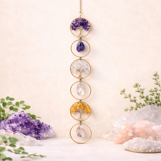 Decorative hanging with crystals and gemstones on a light background