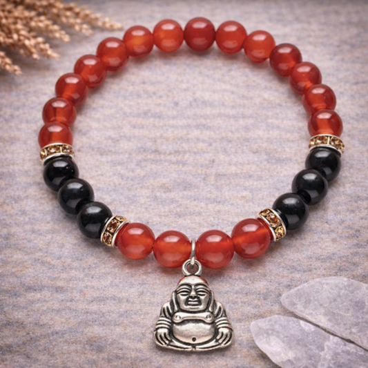 Carnelian & Onyx Spiritual Bracelet 8mm with Buddha Charm