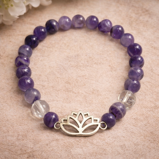 Chevron Amethyst Bracelet with Lotus Charm – Spiritual Healing, Intuition & Inner Peace