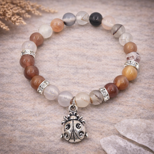 Dendritic Agate & Carnelian Bracelet with Ladybug Charm – Courage, Growth & Transformation