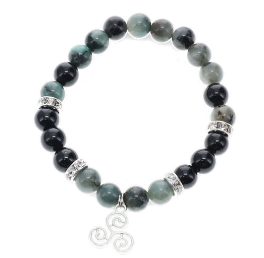 Emerald & Black Tourmaline Bracelet 8mm with Triple Spiral Charm - Emotional Healing, Protection & Spiritual Growth