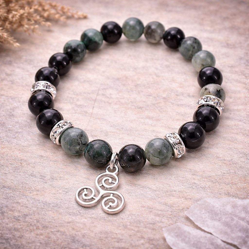 Emerald & Black Tourmaline Bracelet 8mm with Triple Spiral Charm - Emotional Healing, Protection & Spiritual Growth