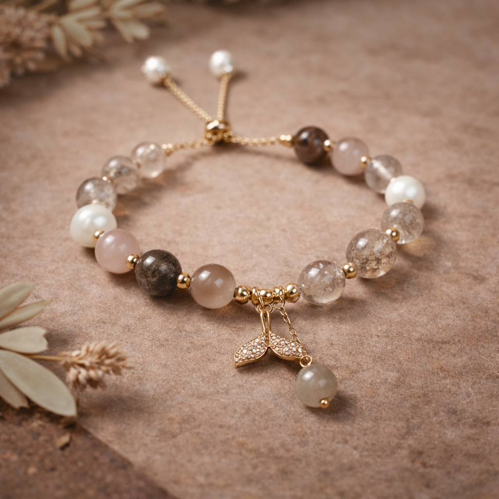 Coloured Rutilated Quartz & Pearl Spiritual Bracelet with Mermaid Tail Charm & Crystal Drop – 8mm