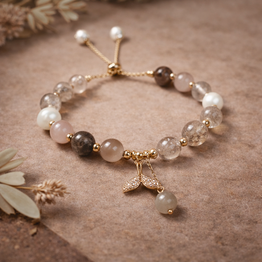 Coloured Rutilated Quartz & Pearl Spiritual Bracelet with Mermaid Tail Charm & Crystal Drop – 8mm