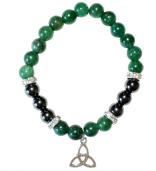 A Green Aventurine and Hematite bracelet with 8mm beads, featuring silver accents and a trinity knot charm.