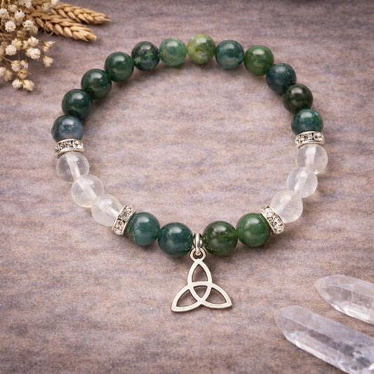 Green Moss Agate & Clear Quartz Bracelet with Triquetra Charm 8mm