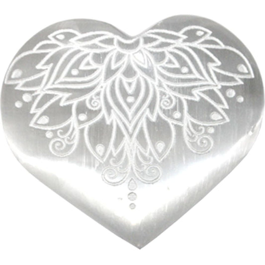 Selenite Heart with Lotus Engraving 7cm