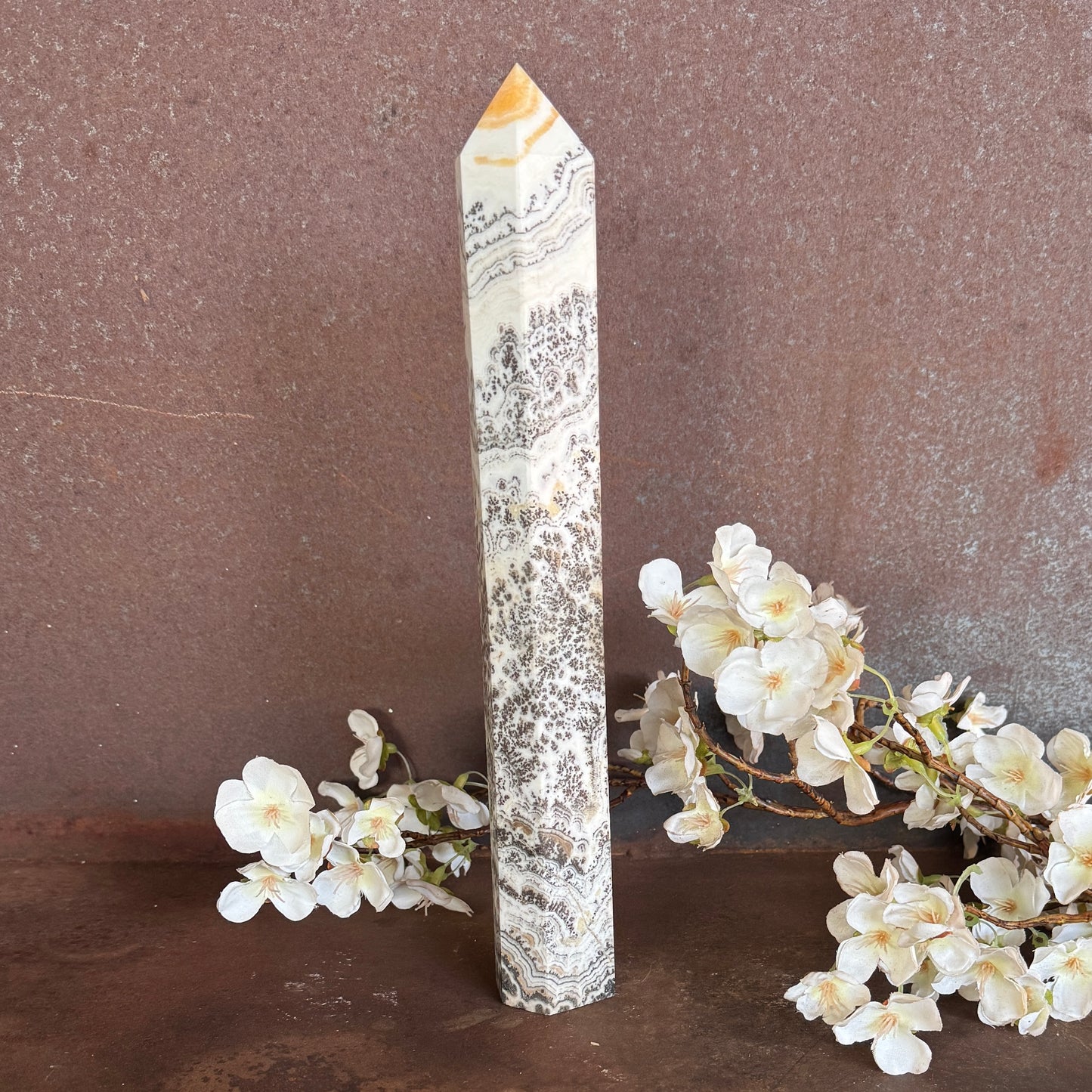 Orange Calcite & Dendritic Crystal Tower – Creativity, Grounding & Emotional Healing