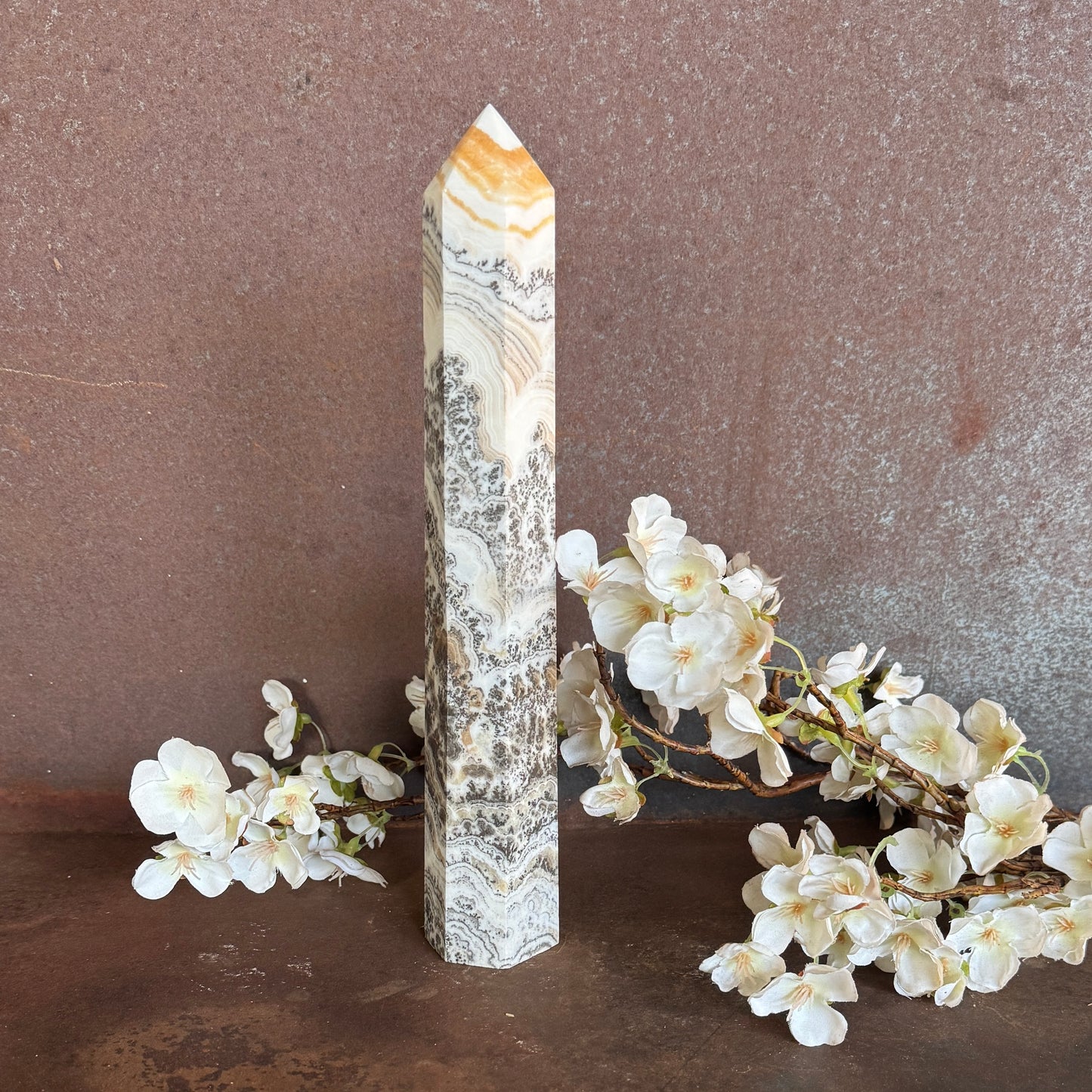 Orange Calcite & Dendritic Crystal Tower – Creativity, Grounding & Emotional Healing