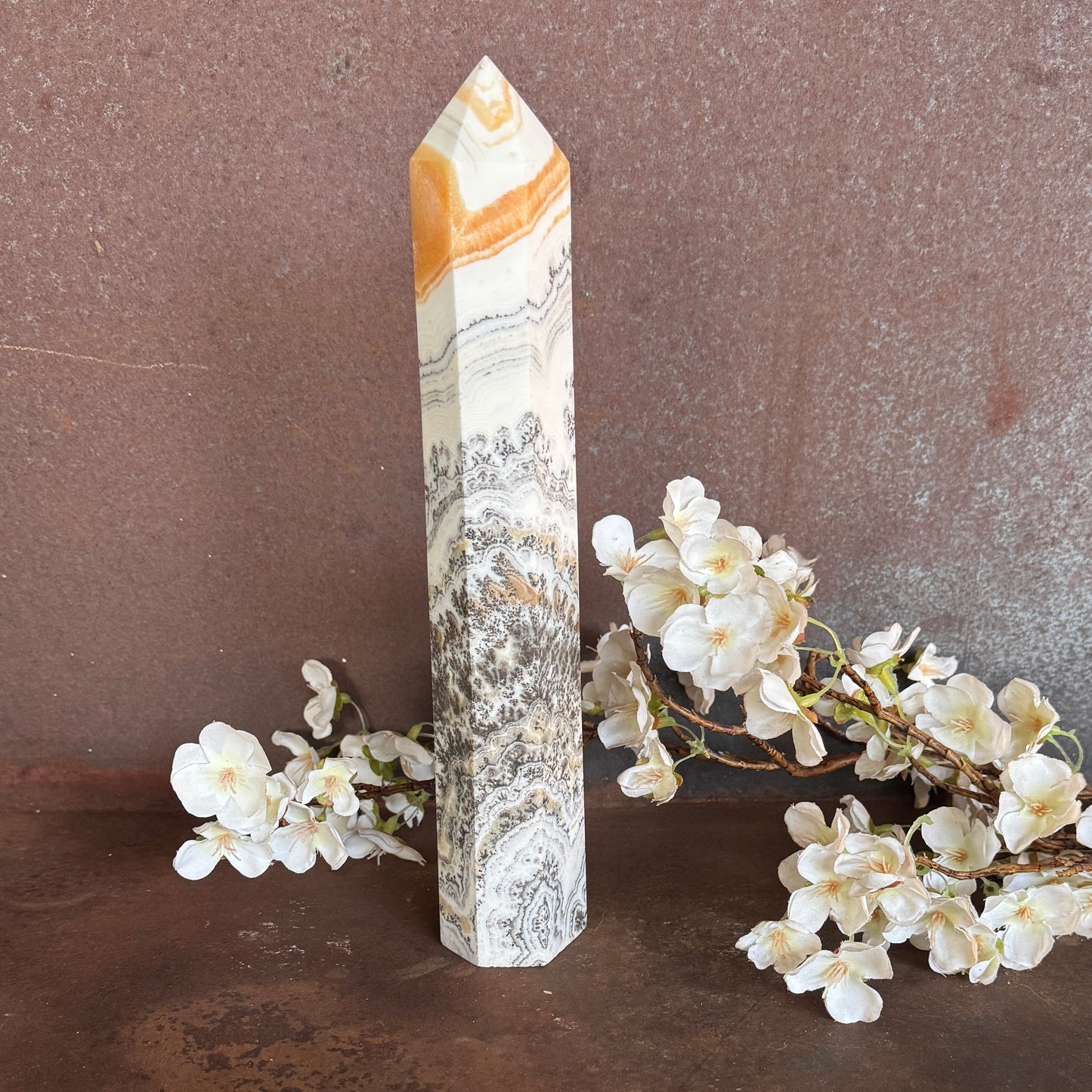 Orange Calcite & Dendritic Crystal Tower – Creativity, Grounding & Emotional Healing