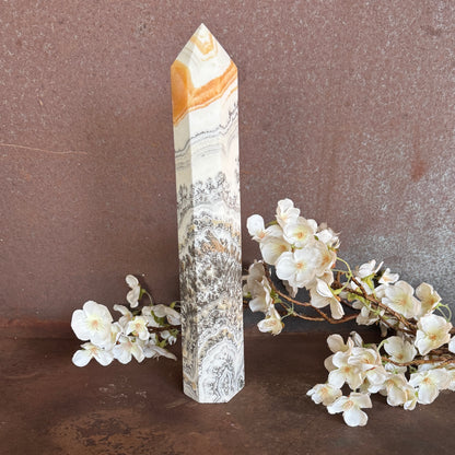 Orange Calcite & Dendritic Crystal Tower – Creativity, Grounding & Emotional Healing