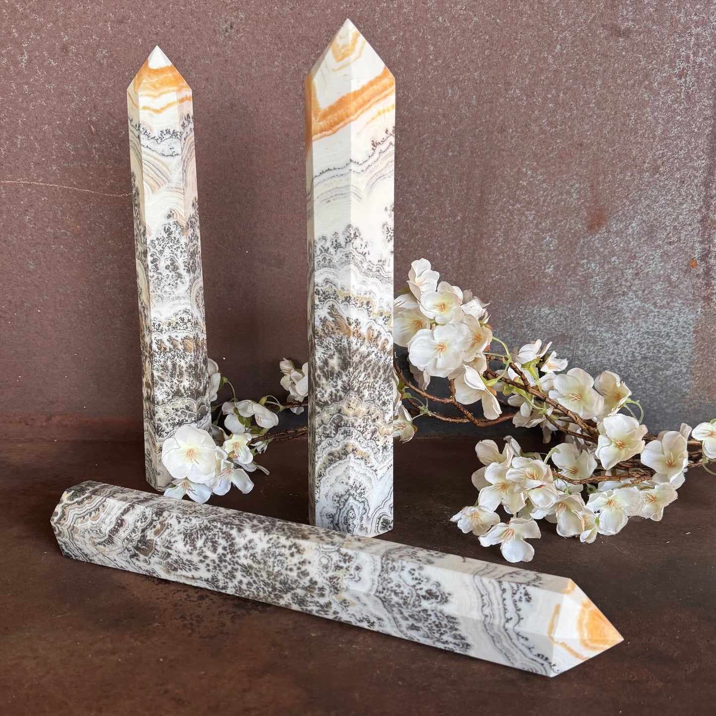 Orange Calcite & Dendritic Crystal Tower – Creativity, Grounding & Emotional Healing
