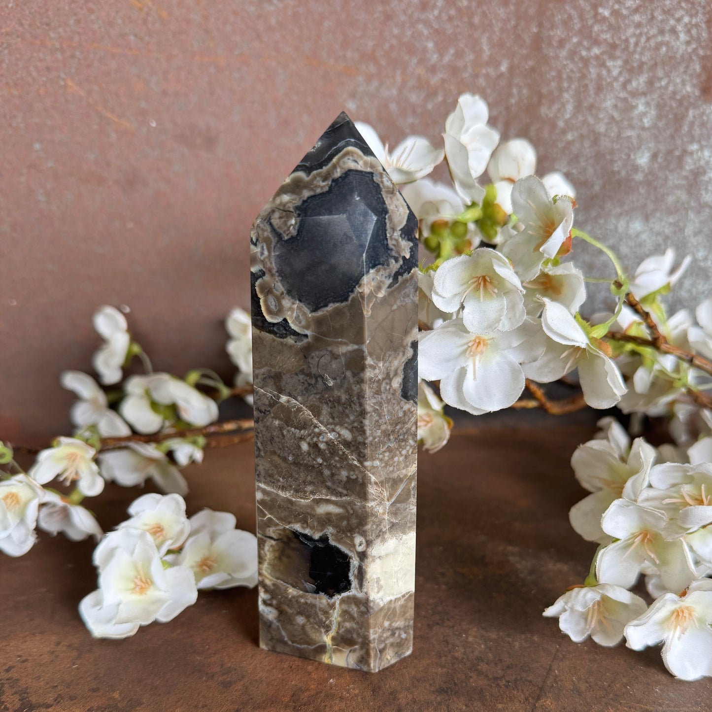 Volcanic Agate Crystal Tower – Six-Sided Hexagonal Point - UV Reactive Energy, Protection & Spiritual Renewal