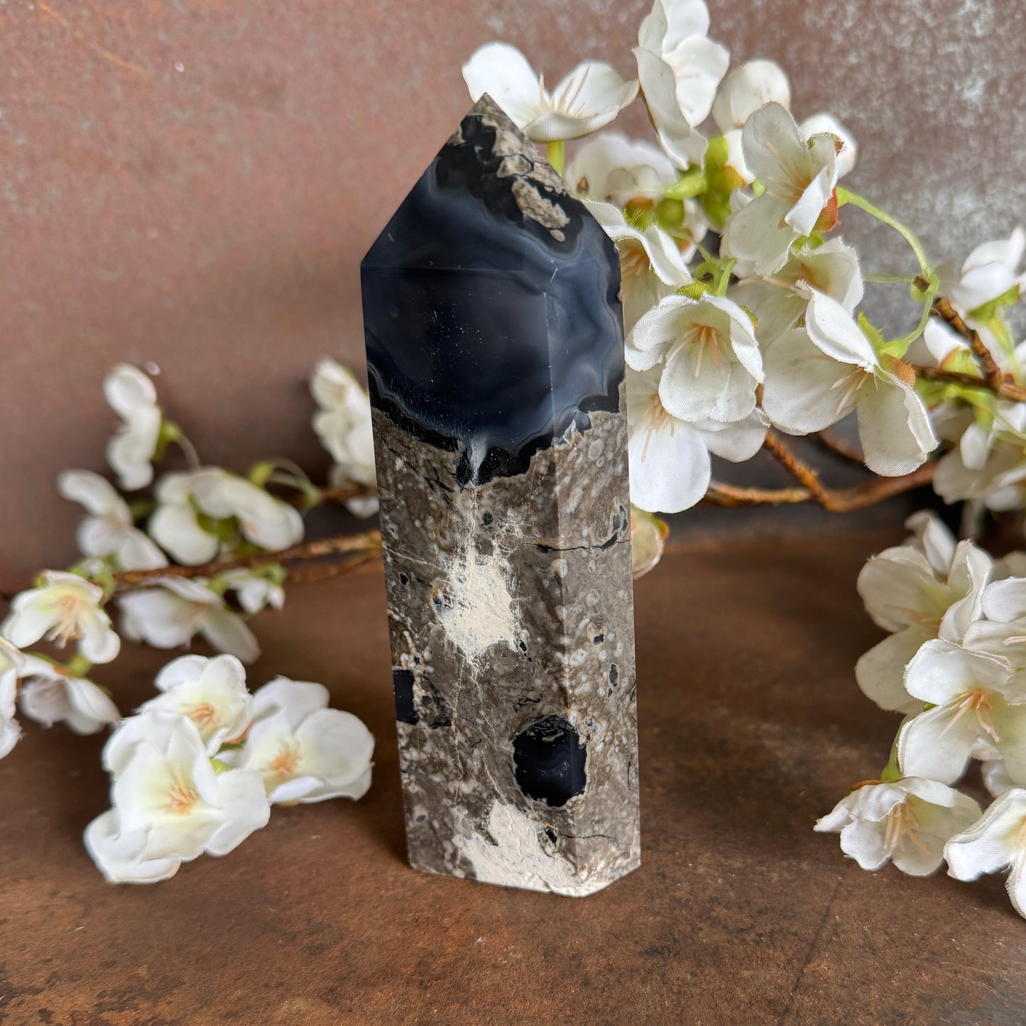 Volcanic Agate Crystal Tower – Six-Sided Hexagonal Point - UV Reactive Energy, Protection & Spiritual Renewal