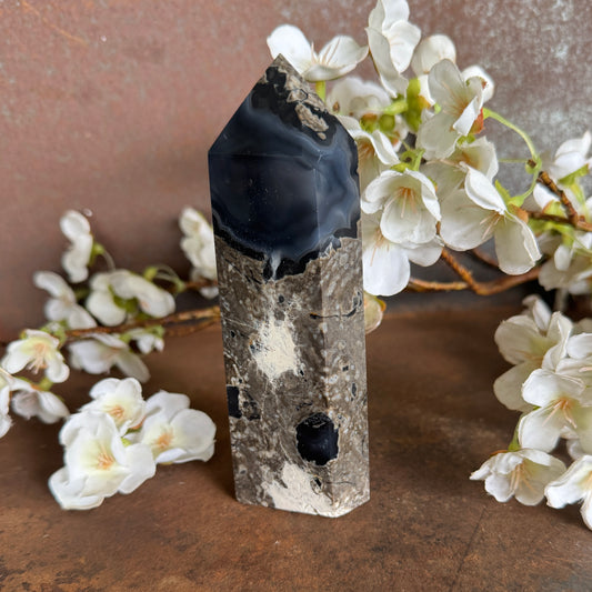 Volcanic Agate Crystal Tower – Six-Sided Hexagonal Point - UV Reactive Energy, Protection & Spiritual Renewal