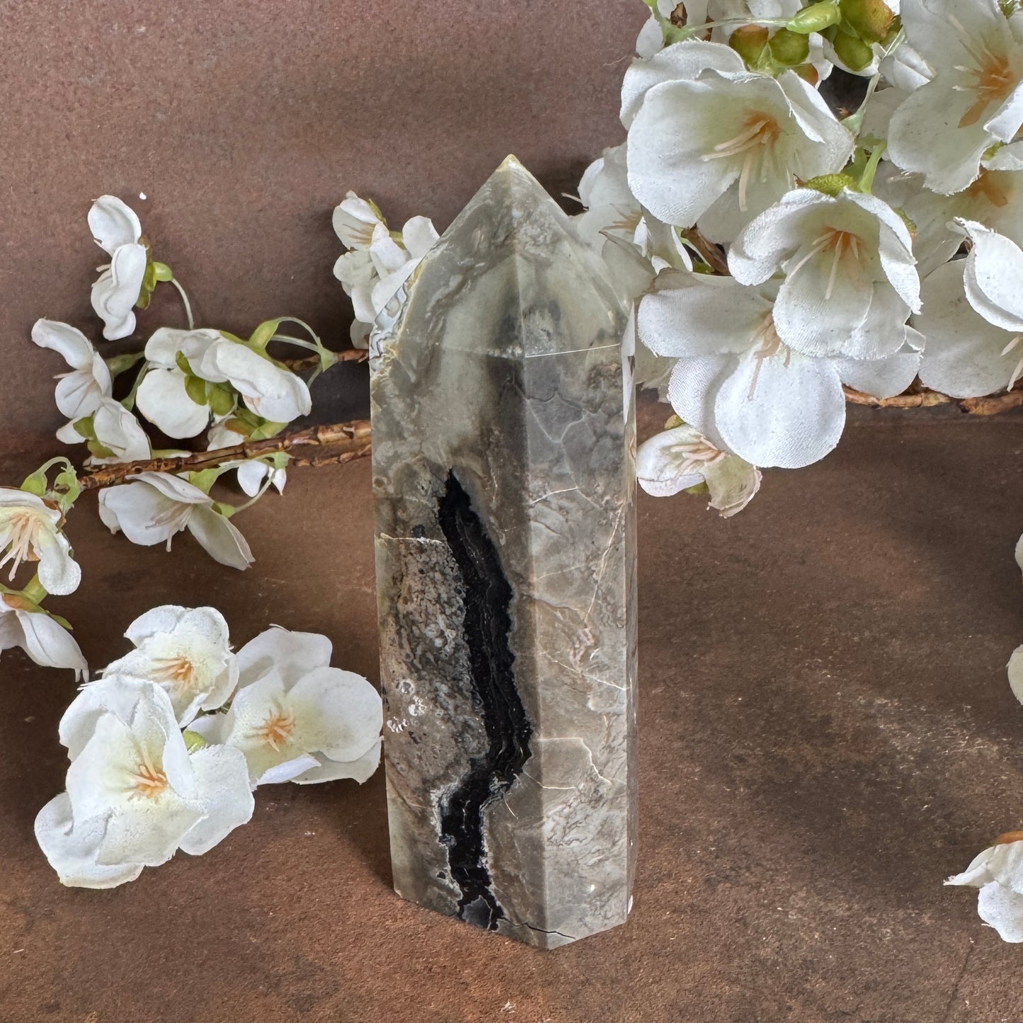 Volcanic Agate Crystal Tower – Six-Sided Hexagonal Point - UV Reactive Energy, Protection & Spiritual Renewal