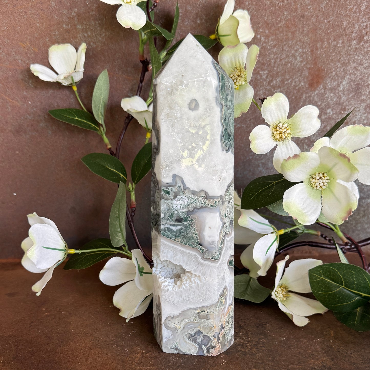 Large Moss Agate Crystal Towers with Quartz Druzy – Grounding, Emotional Healing & Abundance