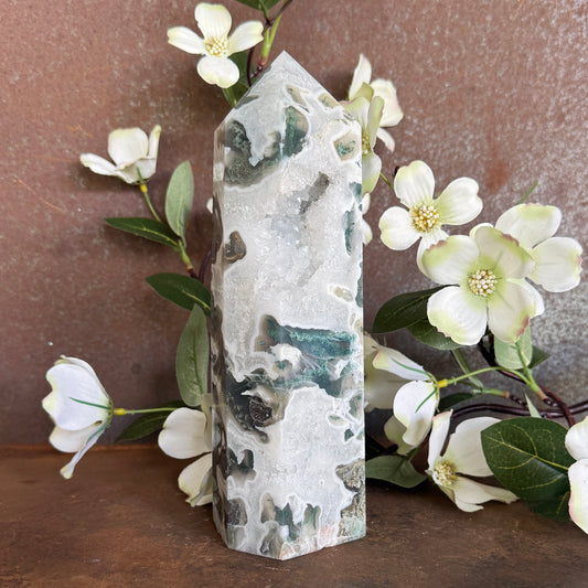 Large Moss Agate Crystal Towers with Quartz Druzy – Grounding, Emotional Healing & Abundance