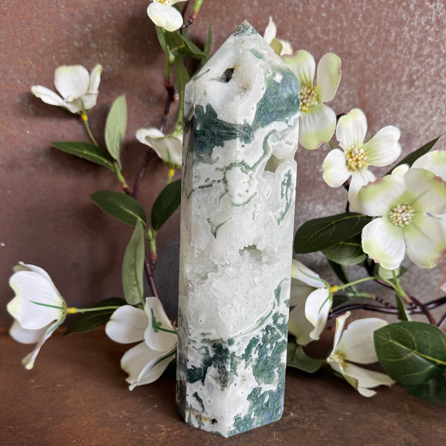 Large Moss Agate Crystal Towers with Quartz Druzy – Grounding, Emotional Healing & Abundance