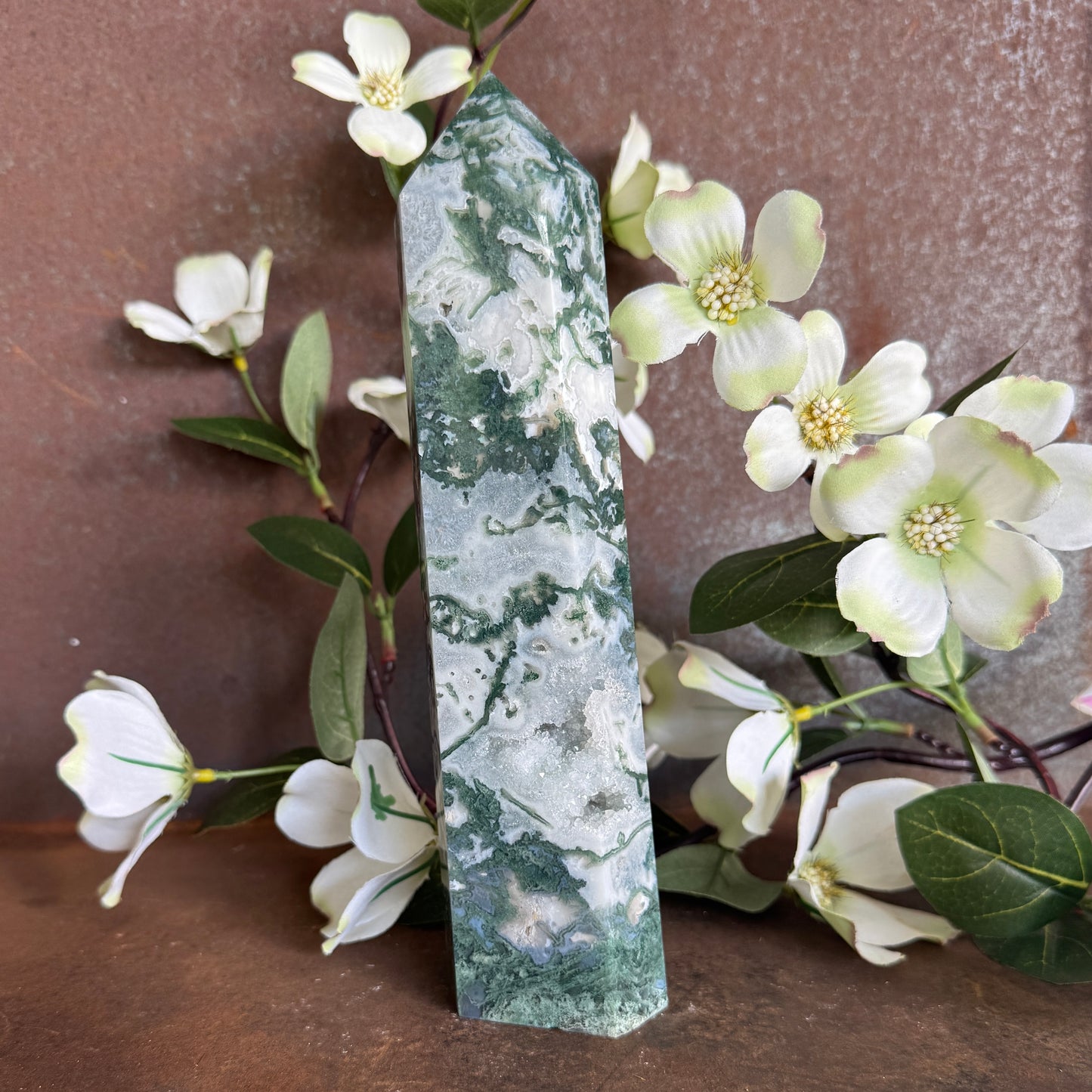 Large Moss Agate Crystal Towers with Quartz Druzy – Grounding, Emotional Healing & Abundance