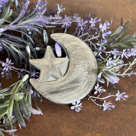 Golden Obsidian Sheen Crystal Moon & Star Carving – Protection, Illumination & Spiritual Healing