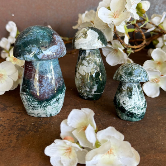 Moss Agate Crystal Mushroom – Grounding, Growth & Spiritual Renewal