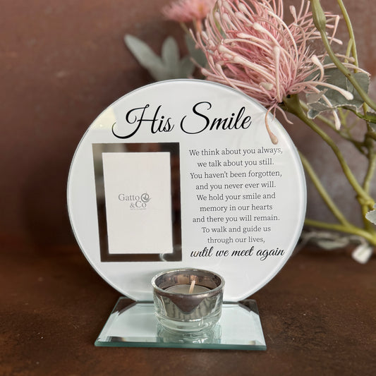 His Smile – Glass Photo Frame with Tea Light Holder - Grief Support, Remembrance & Healing Light Memorial Gift