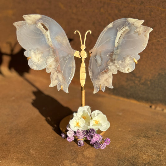 Black Flower Agate Wings on Butterfly Stand