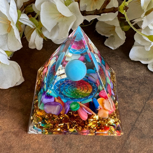 Orgonite Pyramid with Colored Seashells & Turquoise Sphere