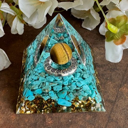 Orgonite Pyramid  Turquoise with Tiger's Eye Sphere