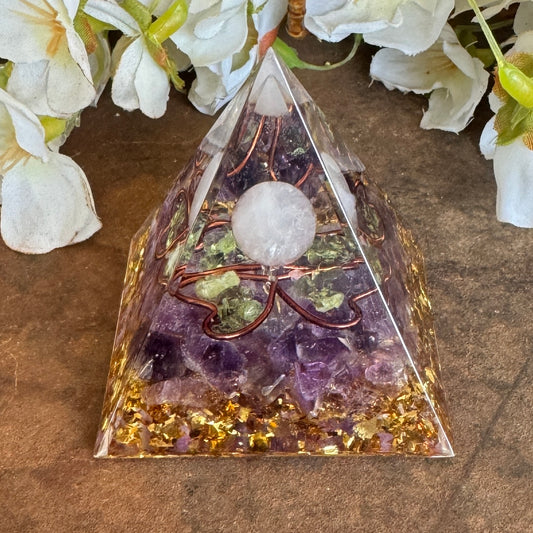 Orgonite Pyramid Amethyst, Peridot & Clear Quartz Sphere with Copper 4 Leaf Clover