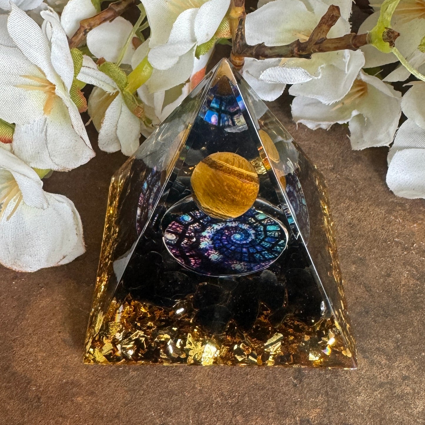 Orgonite Pyramid Obsidian with Tiger's Eye Sphere and Spiral Symbol