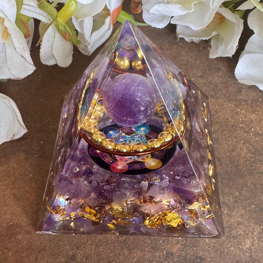 Orgonite Pyramid Amethyst with Metal Ring & Merkaba Star Symbol