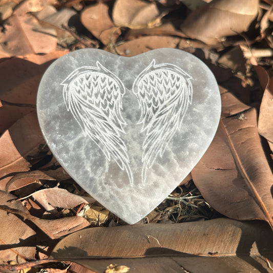 Selenite Flat Heart Charger Plaque with Angel Wings Engraved 10cm