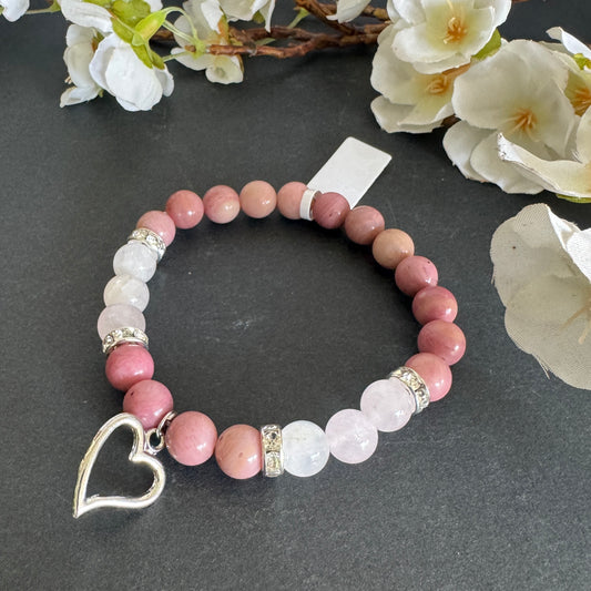 Rhodonite and Rose Quartz Bracelet with Delicate Heart Charm – 8mm Beads