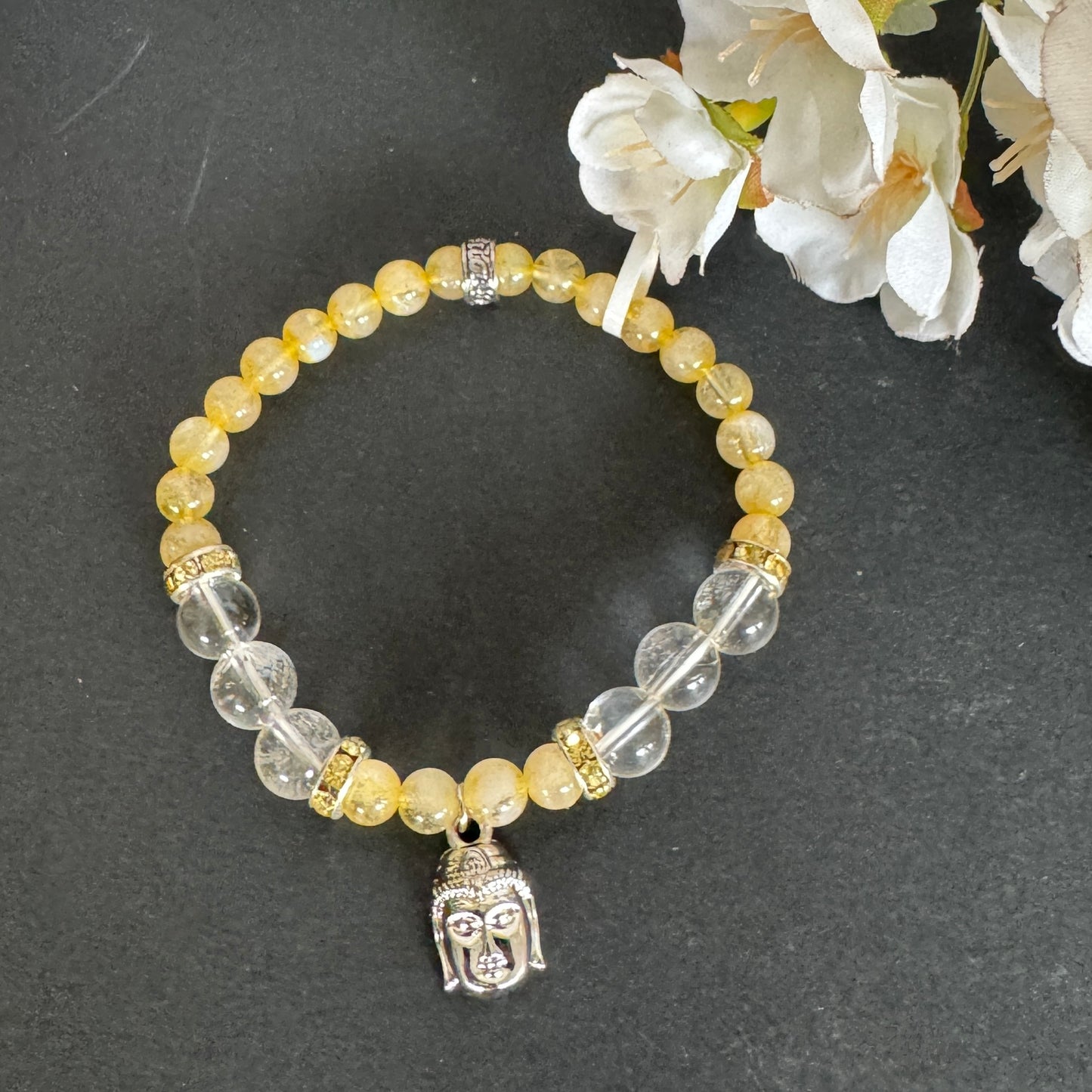 Citrine & Clear Quartz Bracelet 8mm with Buddha Charm