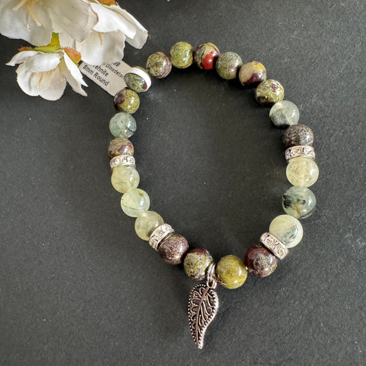 Dragon's Blood & Prehnite 8mm Bracelet with Leaf Charm