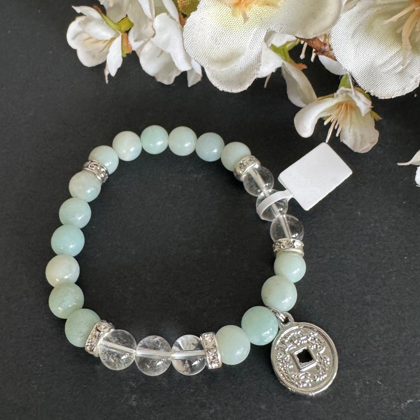 Amazonite and Clear Quartz Bracelet– 8mm Beads with Lucky Coin Charm